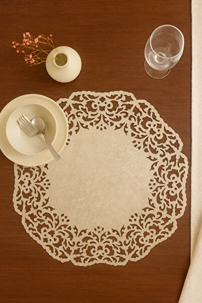 Ergüven Home Bej (KOYU KREM) Süet Kumaş Amerikan Servis Supla 35x35 Cm Yuvarlak 6'lı Set - Şık Ve Dayanıklı