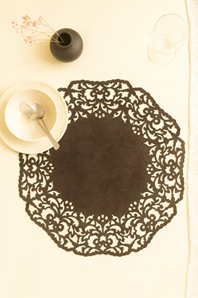 Ergüven Home Set rotund din piele intoarsa maro inchis VENGE - 35x35 cm, 6 bucati farfurie de serviciu american