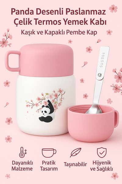 MATMEL Touch Me Panda Patterned Pink Baby Food Thermos Food Thermos 500 ml