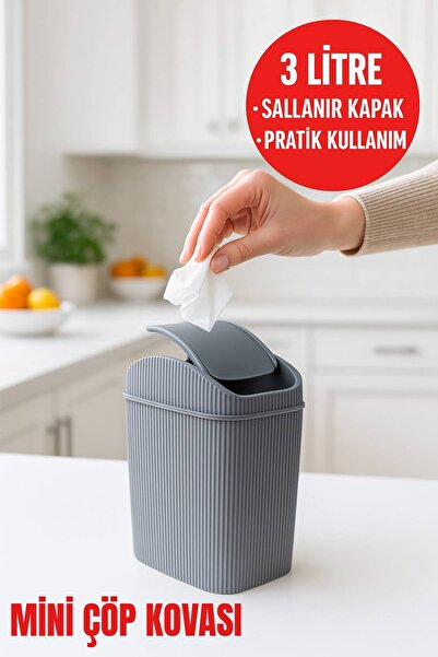 Open Home Concept Mini Çöp Kovası, Mutfak, Banyo, Tuvalet, Ofis Çöp Kutusu Gri