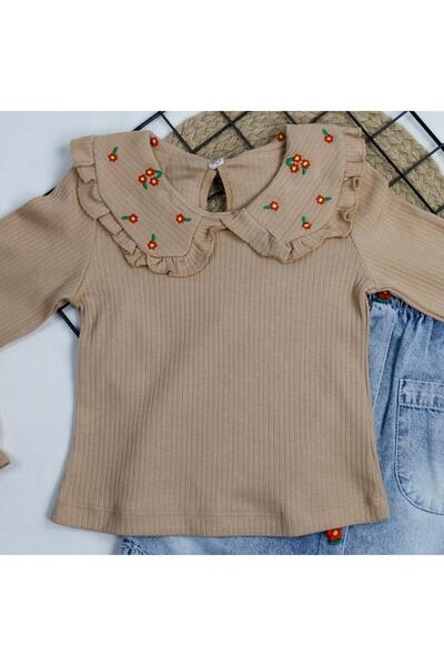 bebegci Floral Pattern Girl's 2-Piece Set with Fisto Collar and Denim Skirt