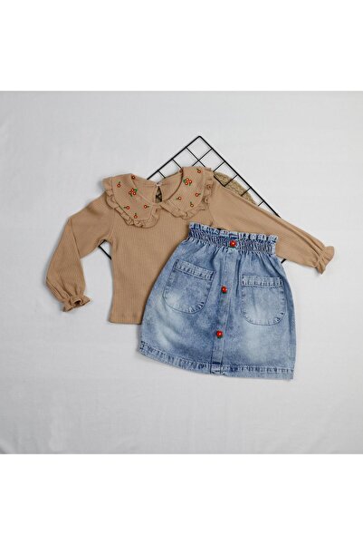 bebegci Floral Pattern Girl's 2-Piece Set with Fisto Collar and Denim Skirt