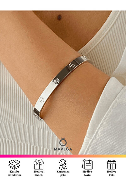 MAVEGA Zirkon Taşlı Kelepçe Bileklik | Kararmaz Çelik, Zirkon Taş, Gümüş Renk...