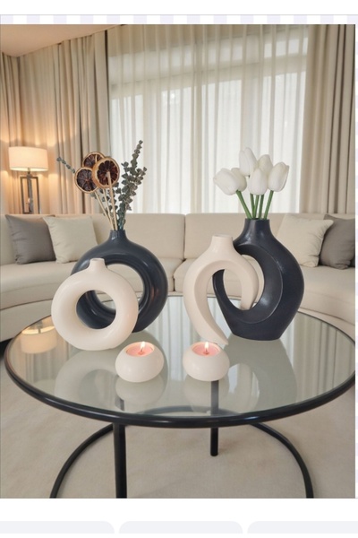 The Motellas Set de suporturi pentru lumânări pentru vază cu design decorativ crem/antracit – dimensiune mare | Decor pentru salon, birou, casă