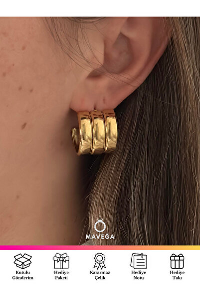 MAVEGA Birleşik Üçlü Yüksek Kalite Yarım Halka Küpe | Kararmaz Çelik, Altın Renk