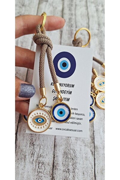 Svc Aksesuar Hediyelik Vip Çift Nazar Boncuklu Bej Ipli Anahtarlık - Çanta Süsü 10,5 Cm Beyaz