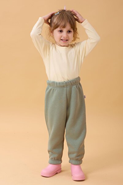 Perendi Kız Çocuk Cep Nakışlı Tavşan ve Pembe Tavşan 2'li Eşofman Altı Sarı-Çağla