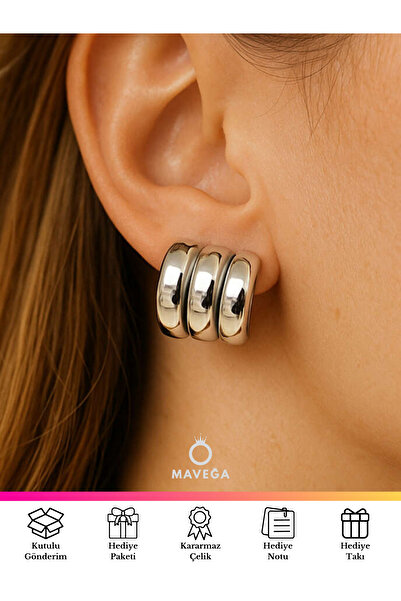 MAVEGA Birleşik Üçlü Yüksek Kalite Yarım Halka Küpe | Kararmaz Çelik, Gümüş Renk