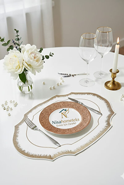 Nisahometeks 6 Adet Simli Nakışlı Keten Amerikan Servis - Keten Supla