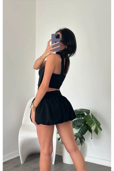 Linich&Co Shawl Detailed Black Skirt Crop Set 7042