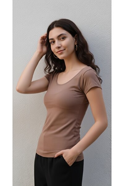 moda felinya بدلة نسائية ذات ياقة قارب وكم قصير باللون البني