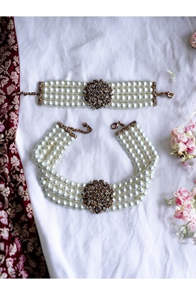 FAYRA ACCESSORIES Gül Figürlü İnci Kolye ve Bileklik Seti