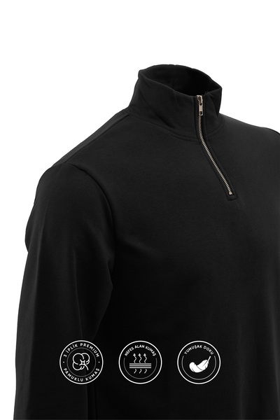 Elemge Pamuklu Erkek Sweatshirt Siyah Soft Touch Relax Fit Yarım Fermuarlı Dik Yaka 3 Iplik Nefes Alan