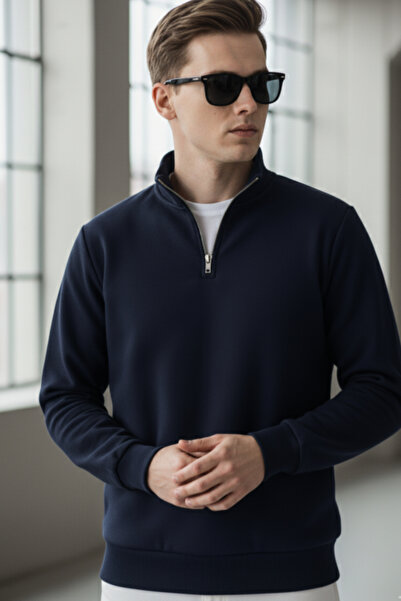 Elemge Pamuklu Erkek Sweatshirt Lacivert Soft Touch Relax Fit Yarım Fermuarlı Dik Yaka 3 Iplik Nefes Alan