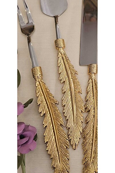 MaviDamla 5 Piece Serving Set with Feather Pattern Gold Handle