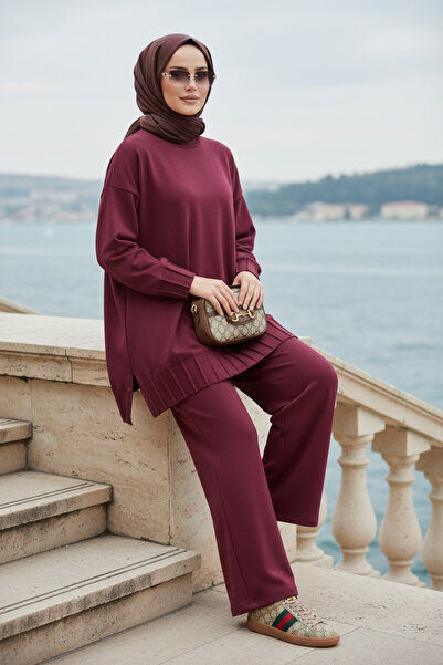 Aselim Hijap Moda Alisa Kadın Tesettür İkili Takım Pileli - Premium Kumaş – Bordo