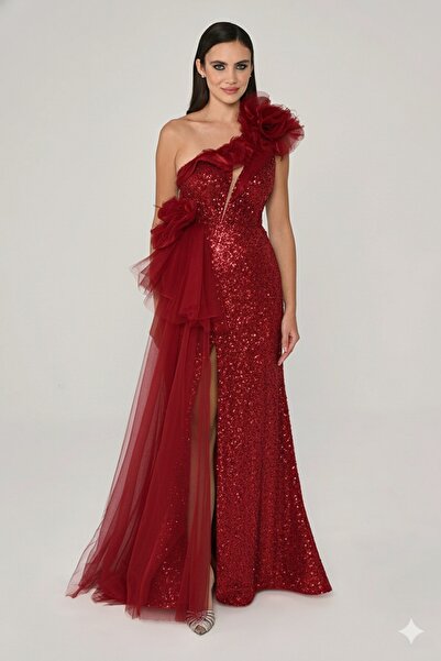 ALFABETA KADIN ABİYE PAYETLİ TEK KOL 3 BOYUTLU ÇİÇEK DETAYLI DERİN YIRTMAÇLI ...