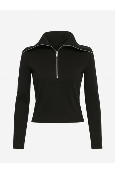 Qenz Fermuar Detaylı Balıkçı Yaka Bluz -Siyah