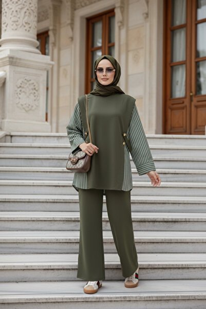 Aselim Hijap Moda Γυναικείο Τζιλάτι Σετ Λιόρα – Πουκάμισο από βαμβάκι με δύο κλωστές με λεπτομέρειες – Χακί πράσινο