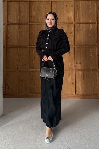 Rimel Moda Kelebek Piliseli Elbise Takım Siyah