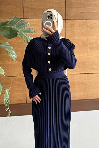 Rimel Moda Kelebek Piliseli Elbise Takım Lacivert