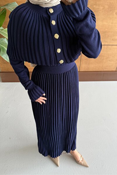 Rimel Moda Kelebek Piliseli Elbise Takım Lacivert