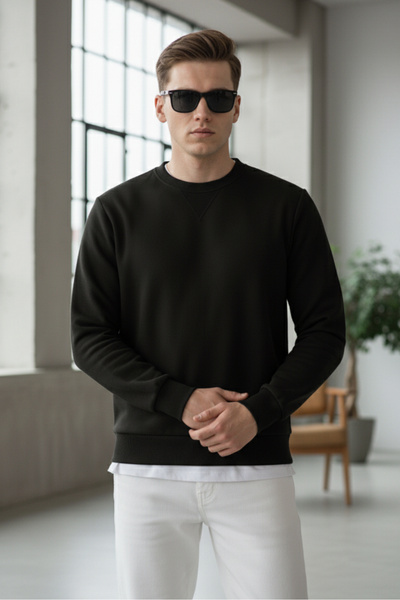Elemge Βαμβακερό ανδρικό φούτερ Μαύρο Soft Touch Relax Fit Basic Crew Neck 3 Thread Breathable