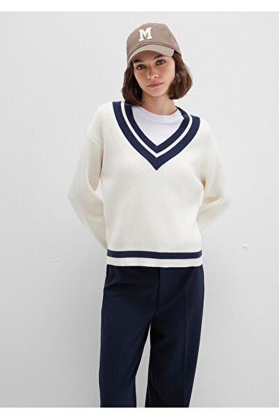 Mavi V Yaka Ekru Kadın Kazak M1710705-70057