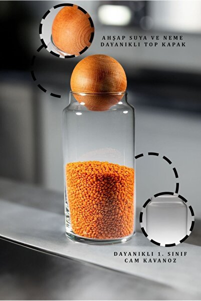 Sensoria Ahşap Top Kapaklı Cam Kavanoz Şekerlik Çerezlik Baharatlık Ve Saklama Kabı 1.4 Litre