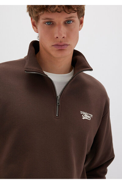 Mavi Logo Yarı Fermuarlı Kahverengi Sweatshirt 0S10465-88067