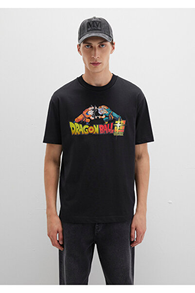 Mavi Dragon Ball Baskılı Siyah Tişört Loose Fit / Bol Rahat Kesim 0612932-900