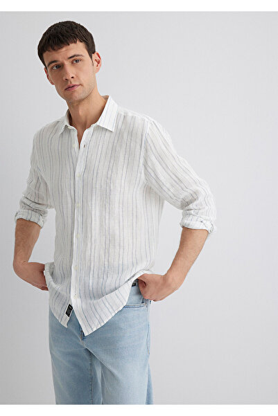 Mavi Keten Karışımlı Çizgili Gömlek Regular Fit / Normal Kesim 0211525-89288