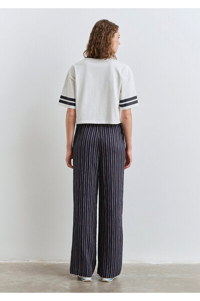 Mavi Beli Bağcıklı Çizgili Lacivert Pantolon 1011024-89853