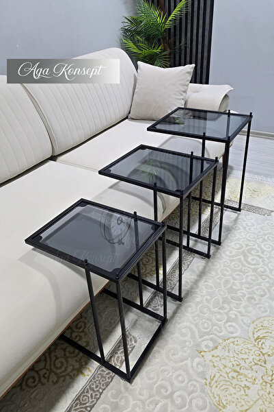 AGA KONSEPT 3'lü SİYAH Tekerlekli C Sehpa, FÜME CAM, Güvenilir 6 mm Kalın Cam...