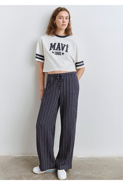 Mavi Beli Bağcıklı Çizgili Lacivert Pantolon 1011024-89853