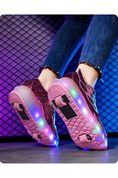 huitich Pink Double-Wheel LED Roller Skate Shoes for Kids – Deformable Sneakers Size 30 / Inner Length 20c