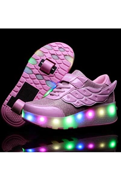 huitich Pink Double-Wheel LED Roller Skate Shoes for Kids – Deformable Sneakers Size 29