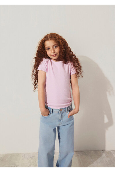 Mavi Fitilli Pembe Basic Tişört Fitted / Vücuda Oturan Kesim 7610260-86953