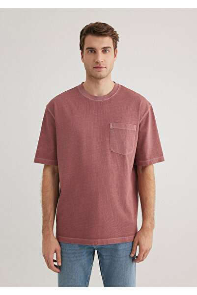 Mavi Cep Detaylı Bordo Tişört Loose Fit / Bol Rahat Kesim 0612502-71100