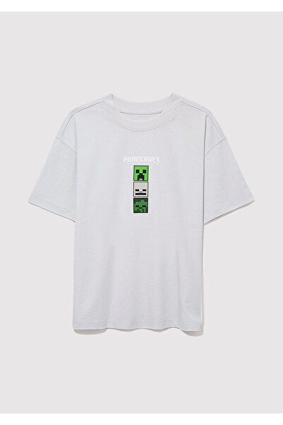 Mavi Minecraft Baskılı Gri Tişört Oversize / Geniş Kesim 6610344-80618