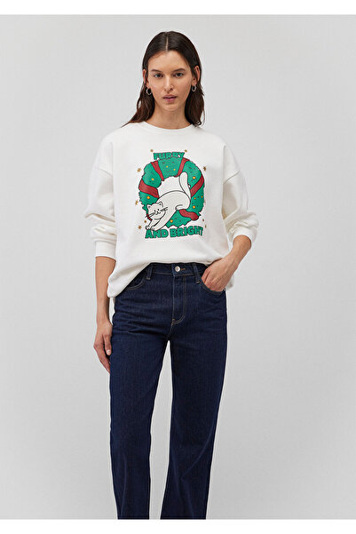 Mavi Yılbaşı Kedi Baskılı Beyaz Sweatshirt 1S10332-70057