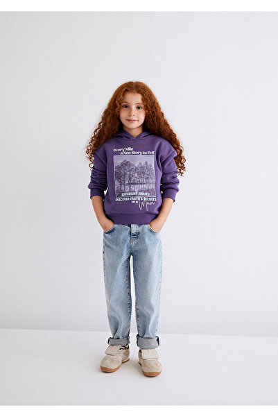 Mavi Kapüşonlu Baskılı Mor Sweatshirt 7S10054-88135