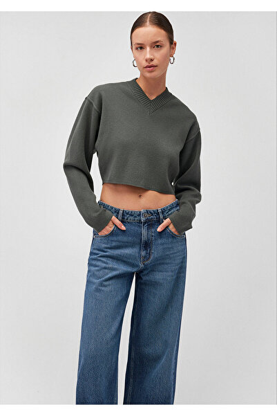 Mavi V Yaka Yeşil Kazak Crop / Kısa Kesim 1710512-87704