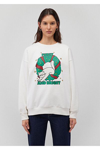 Mavi Yılbaşı Kedi Baskılı Beyaz Sweatshirt 1S10332-70057