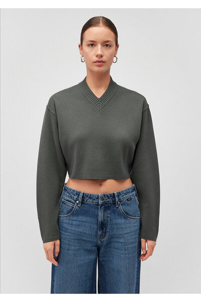 Mavi V Yaka Yeşil Kazak Crop / Kısa Kesim 1710512-87704