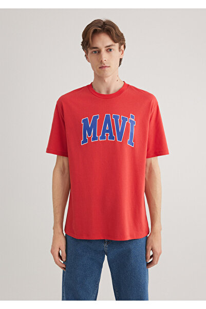 Mavi Logo Baskılı Kırmızı Tişört Loose Fit / Bol Rahat Kesim 0611711-70471