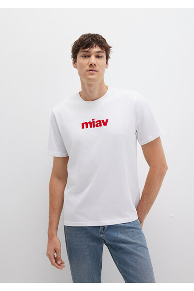 Mavi Kırmızı Miav Baskılı Beyaz Tişört Regular Fit / Normal Kesim 067153-622