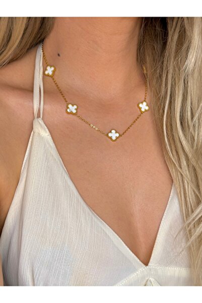YOUES JEWELRY 316l Çelik Kadın Kolye Gold Beyaz Ekru Çift Taraflı Kolye