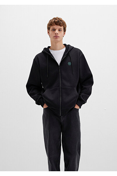 Mavi Logolu Kapüşonlu Fermuarlı Siyah Sweatshirt 066979-900