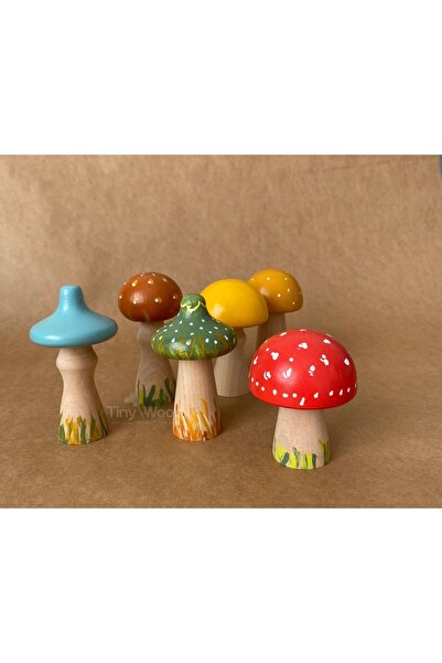 tiny wood Doğal Ahşap Mantar Oyuncak Seti 6 lı Eğitsel Oyuncak